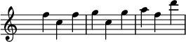 
\relative c'' { \clef treble
\key c \major
\once \override Staff.TimeSignature #'transparent = ##t 
\time 3/4
f4 c f g c, g' a f d'
}
