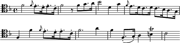   {
\relative c' { \clef tenor \key f \major
  f2 \grace f8 e8.-.[ d16-. e8.-. c16-.] | f2 r8 f8[ g8. a16] | bes2 d,4 g | \grace f8 e8.[ d16 c8. d16] c8.[ bes16 a8. g16] | f4 f' \grace f8 e8.-.[ d16-. e8.-. c16-.] | f2. a4 | f f,8.-.( g16-.) a4 b \trill | c2
} }
\layout { \context {\Score \omit BarNumber} line-width = #150 }
