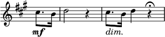  \relative c' \new Staff \with { \remove "Time_signature_engraver" } { \key a \major \time 3/4 \partial 4
          cis'8.\mf b16 d2 r4 cis8.\dim b16\! d4 r\fermata }
