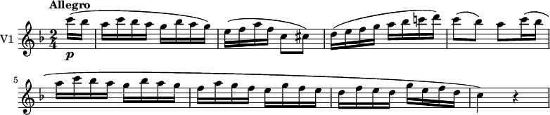 
\new Staff \with { instrumentName = #"V1 "}  \relative c''' {
    \version "2.18.2"
    \key f \major 
    \tempo "Allegro"
    \tempo 4 = 130
    \time 2/4
   \partial 8 c16\p (bes a c bes a g bes a g)
   e (f a f c8 cis)
   d16 (e f g a bes c! d)
   c8 (bes) a c16 (bes a c bes a g bes a g f a g f e g f e d f e d g e f d c4) r
}
