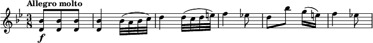 
\relative c'' { 
  \version "2.18.2"
  \key bes \major
   \time 3/8
   \tempo "Allegro molto"
  \tempo 4 = 140
  <d, bes'>8 \f <d bes'> <d bes'>
   <d bes'>4 bes'32 (a bes c)
   d4 d32 (c d e)
   f4 ees!8
   d [ bes'] [g16 (e)]
   f4 ees!8
}
