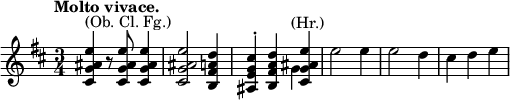 
\relative c'' \new Staff {
 \key b \minor \set Score.tempoHideNote = ##t \tempo "Molto vivace." 2.=96 \time 3/4
  <<
   { <e ais, g cis,>4^\markup { (Ob. Cl. Fg.) } b8\rest q q4 q2 <d a fis b,>4 <cis g e ais,>-. <d a fis b,> <e ais, g cis,> }
  \\
   { s2. s s2 g,4^\markup (Hr.) e'2 e4 e2 d4 cis d e }
  >>
}
