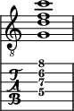  
<<
  %\override Score.BarLine.break-visibility = ##(#f #t #t)
  \time 1/1
    \new Staff  {
    \clef "treble_8"
        \once \override Staff.TimeSignature #'stencil = ##f
        <  g d' f' c''>1
    }

     \new TabStaff {
       \override Stem #'transparent = ##t
       \override Beam #'transparent = ##t 
      <  g\4 d'\3 f'\2 c''\1>1
  }
>>
