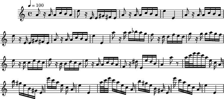 
L:1/16
K:C
Q:1/4=100
A2zAAcBA|e2zEE^G^FE|A2zAAcBA|e4E4|A2zAAcBA|e2zEE^G^FE|A2zAAcBA|e4E4|a2zaa_bag|f2zddfed|g2zggagf|e2zccedc|f2zBBdcB|e2zAAcBA|F2z^dEedB|A4a2z2|a/4c'/4e'/2e'c'aecA|b^geB^GE|e'c'aecA|e4E4|a/4c'/4e'/2c'aecA|b^geB^GE|e'c'aecA|e4E4|

