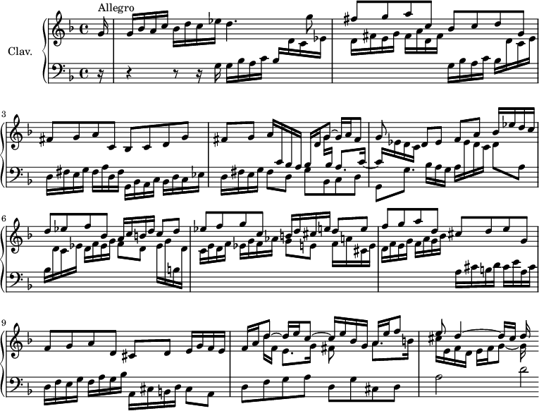 
\version "2.18.2"
\header {
  tagline = ##f
}

upper = \relative c'' {
  \clef treble 
  \key f \major
  \time 4/4
  \tempo 4 = 92
  \set Staff.midiInstrument = #"harpsichord"

    \partial 16
    s8*0^\markup{Allegro}
    g16 | g bes a c bes d c ees d4. g8 | \stemUp fis8 g a c, bes c d g, | fis g a c, bes c d g |
    % ms. 4
    << { fis8 g a16 \stemUp \change Staff = "lower" c,16 bes a bes \change Staff = "upper" d g8~ g16 a fis8 | g8 } \\ { s2 s8 g16 \stemUp \change Staff = "lower" bes, a8. c16~ | c \stemDown \change Staff = "upper" ees16 d c } >> \stemNeutral d8 ees f a \stemUp bes16 ees d c | d8 ees f bes, a16 c b d c8 d |
    % ms. 7
    ees8 f g c,  b16 d cis e d8 e | f g a d, cis d e g, | f g a d, cis d  e16 g f e |
    % ms. 10
    << { \mergeDifferentlyDottedOn f16 a d8~ d16 e c8~ c16 e bes g a16 e' f8 | e d4~ d16 cis d } \\ { s8 d16 f, e8. g16 fis8 s8 a8. b16 | cis e, f d e f g8~ g16  } >> % f fis16 e fis g a fis | g8 e f cis d8 a4 g8
    % ms. 13
    

}

lower = \relative c' {
  \clef bass
  \key f \major
  \time 4/4
  \set Staff.midiInstrument = #"harpsichord"

    % *****************************
    r16 | r4 r8 r16 g16 | g bes a c bes \stemDown \change Staff = "upper"  d c ees | d fis e g fis a d, fis \change Staff = "lower" g,16 bes a c bes \stemDown \change Staff = "upper" d c e | \change Staff = "lower" d,16 fis e g fis a d, fis g,16 bes a c bes d c ees | 
    % ms. 4 
    d16 fis e g fis8 d g bes, c d  | g, g'8. bes16 a g  a \change Staff = "upper" ees' d c d8 \change Staff = "lower" a | bes16 \change Staff = "upper"  d c ees d f ees g f8 d ees16 g \change Staff = "lower" b, \change Staff = "upper" d |
    % ms. 7
    c16 e d f ees g f aes g8 e f16 a cis, e | d16 f e g f a g bes \change Staff = "lower" a,16 cis b d cis e a, cis | d,16 f e g f a g bes a, cis b d cis8 a |
    % ms. 10 
    d8 f g a d, g cis, d | a'2 d2*1/4

} 

thePianoStaff = \new PianoStaff <<
    \set PianoStaff.instrumentName = #"Clav."
    \new Staff = "upper" \upper
    \new Staff = "lower" \lower
  >>

\score {
  \keepWithTag #'print \thePianoStaff
  \layout {
      #(layout-set-staff-size 17)
    \context {
      \Score
     \override SpacingSpanner.common-shortest-duration = #(ly:make-moment 1/2)
      \remove "Metronome_mark_engraver"
    }
  }
}

\score {
  \keepWithTag #'midi \thePianoStaff
  \midi { }
}
