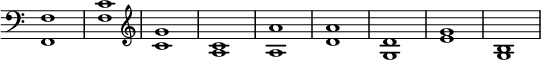 { \clef bass \override Score.TimeSignature #'stencil = ##f <f f,>1 <f c'> \clef treble <c' g'> <c' a> <a a'> <d' a'> <d' g> <e' g'> <b g> }