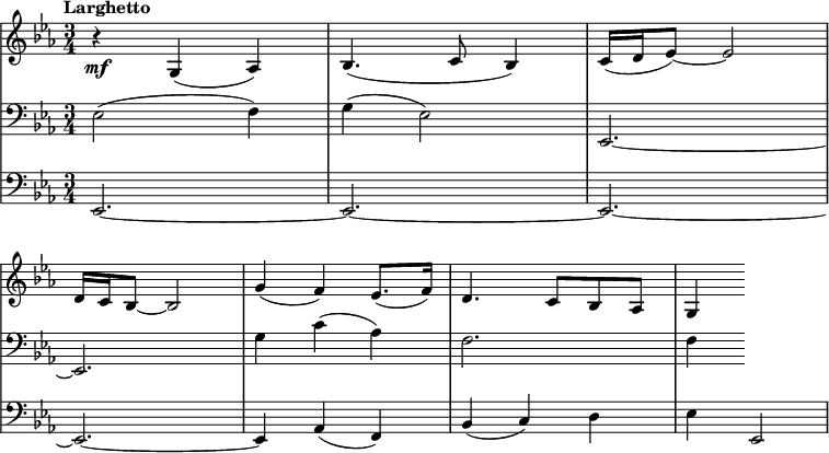 
{
  \language "italiano"
  \new StaffGroup <<
    \omit StaffGroup.SystemStartBracket
    \omit Score.BarNumber
    \new Staff {
      \set Staff.midiInstrument = #"violin"
      \accidentalStyle neo-modern
      \set Score.tempoHideNote = ##t
      \tempo Larghetto 4 = 64
      \relative do' {
        \clef "treble" \key mib \major \time 3/4
        r4 \mf sol( lab) |
        sib4.( do8 sib4) |
        do16( re mib8~) mib2 |
        \break
        re16 do sib8~ sib2 |
        sol'4( fa) mib8.( fa16) |
        re4. do8 sib lab |
        sol4
      }
    } \new Staff {
      \set Staff.midiInstrument = #"cello"
      \relative do {
        \clef "bass" \key mib \major \time 3/4
        mib2( fa4) |
        sol( mib2) |
        mib,2.~ |
        mib2. |
        sol'4 do( lab) |
        fa2. |
        fa4
      }
    } \new Staff {
      \set Staff.midiInstrument = #"cello"
      \override Stem.neutral-direction = #up
      \relative do, {
        \clef "bass" \key mib \major \time 3/4
        mib2.~ |
        mib2.~ |
        mib2.~ |
        mib2.~ |
        mib4 lab( fa) |
        sib( do) re |
        mib mib,2
      }
    }
  >>
}
