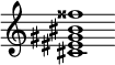 {
  % Rivin lopun pystyviiva ja tahtiosoitus piiloon.
  \override Score.BarLine.break-visibility = ##(#f #t #t)
  \override Staff.TimeSignature #'stencil = ##f
  
  <cis' eis' gis' bis' fisis''>1
}
