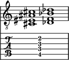  
<<
  %\override Score.BarLine.break-visibility = ##(#f #t #t)
  \time 2/1
    \new Staff  {
    \clef "treble_8"
        \once \override Staff.TimeSignature #'stencil = ##f
        < cis eis ais cis' >1 | < des f bes des' >1 |
    }

     \new TabStaff {
       \override Stem #'transparent = ##t
       \override Beam #'transparent = ##t 
      s2 < cis\5 f\4 ais\3 cis'\2 >1 s2
  }
>>
