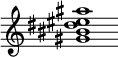 {
  % Rivin lopun pystyviiva ja tahtiosoitus piiloon.
  \override Score.BarLine.break-visibility = ##(#f #t #t)
  \override Staff.TimeSignature #'stencil = ##f
  
  <gis' bis' dis'' eis'' ais''>1
}
