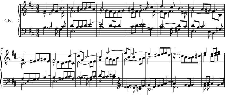 
\version "2.18.2"
\header {
  tagline = ##f
}
upper = \relative c' {
  \clef treble 
  \key b \minor
  \time 3/4
  \tempo 4 = 86

    %s8*0^\markup{Andante}
    << { s2.*10 s4 e'2~ e4 } \\ { \stemUp fis,4 g8 fis b4^~ | b ais8 b cis ais | b2. | ais4 d8\rest b8 cis4 | d4. cis8 b4^~ | b a8 gis fis4^~ | fis eis8 fis gis eis | fis2 cis'4^~ | cis8 fis, b2^~ | b4 fis'2^~ | fis8 b,8_~ \shiftOn b4 s4 | s4 dis8 e fis dis | e2. | fis4 e8 fis g4 | } \\ { \stemDown c,,8\rest d2 e8 | fis2. | f8\rest g8 fis e fis g | e fis g4. fis8_~ | fis d fis4. eis8 | fis2_~ fis8 b, | cis2. | c8\rest d8 cis d e cis | d2_~ d8 e | fis4 a8 g fis a | g2_~ g8 a | b2. | a8\rest c8 b a b cis | d4 cis8 d e4 | } >>

}

lower = \relative c {
  \clef bass
  \key b \minor
  \time  3/4

  << { s8 b'2 cis8 | d8 b cis d  e4~ | e d8 cis d4 | s4 e2 | d~ d8 cis | d b cis4. gis8 | a fis gis a b4~ | b ais8 b cis ais | b2~ b8 cis | d b cis4 dis \clef treble  e2~ e8 fis | g8 e fis g a4~ | a g8 fis g4 a8 b a4 g8 a | } \\ { b,4. a8 g4 | fis2. | b | cis8 d e4 ais,4 | b4. a8 gis4 | fis4. e8 d4 | cis2. | fis | b4. a8 g4 | fis2 b4 \clef treble e4. d8 c4 | b2. | e | fis8 g  } >>


} 

\score {
  \new PianoStaff <<
    \set PianoStaff.instrumentName = #"Clv."
    \new Staff = "upper" \upper
    \new Staff = "lower" \lower
  >>
  \layout {
      #(layout-set-staff-size 17)
    \context {
      \Score
     \override SpacingSpanner.common-shortest-duration = #(ly:make-moment 1/2)
      \omit TupletNumber
      \remove "Metronome_mark_engraver"
    }
  }
  \midi { \set Staff.midiInstrument = #"harpsichord" }
}
