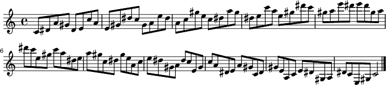 
{

\modalTranspose c c' { c dis e gis a } { c8 dis a gis } 
\modalTranspose c dis' { c dis e gis a } { c dis a gis } 
\modalTranspose c e' { c dis e gis a } { c dis a gis } 
\modalTranspose c gis' { c dis e gis a } { c dis a gis } 
\modalTranspose c a' { c dis e gis a } { c dis a gis } 
\modalTranspose c c'' { c dis e gis a } { c dis a gis } 
\modalTranspose c dis'' { c dis e gis a } { c dis a gis } 
\modalTranspose c e'' { c dis e gis a } { c dis a gis } 
\modalTranspose c gis'' { c dis e gis a } { c dis a gis } 

\modalInversion c e''' { c dis e gis a } { c dis a gis } 
\modalInversion c dis''' { c dis e gis a } { c dis a gis } 
\modalInversion c c''' { c dis e gis a } { c dis a gis } 
\modalInversion c a'' { c dis e gis a } { c dis a gis } 
\modalInversion c gis'' { c dis e gis a } { c dis a gis } 
\modalInversion c e'' { c dis e gis a } { c dis a gis } 
\modalInversion c dis'' { c dis e gis a } { c dis a gis } 
\modalInversion c c'' { c dis e gis a } { c dis a gis } 
\modalInversion c a' { c dis e gis a } { c dis a gis } 
\modalInversion c gis' { c dis e gis a } { c dis a gis } 
\modalInversion c e' { c dis e gis a } { c dis a gis } 
\modalInversion c dis' { c dis e gis a } { c dis a gis } 

c'2

\bar "|."
}
