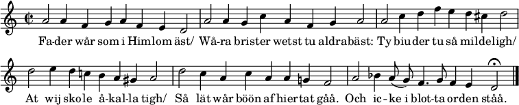 
\version "2.14.2"

% Lilypond i MediaWikis Score extension är tämligen begränsad då Lilypond körs i safe mode (lilypond -dsafe=#t)
% vilket slår av de flesta avancerade funktionerna av säkerhetsskäl. Dessutom kör svenska
% wikisource med en ganska gammal version av Lilypond (2.14) som saknar en del funktionalitet
% eller som är omöjlig att använda i safe mode.


%%% taktstreck %%%

% "divisioMaxima" = heldraget taktstreck
divMax = {
  % Egentligen vore det kanske önskvärt med divisioMaxima genom
  %    \once \override BreathingSign #'stencil = #ly:breathing-sign::divisio-maxima
  %    \once \override BreathingSign #'Y-offset = #0
  %    \breathe
  % men det fungerar inte av okänd anledning. Går inte heller att inkludera "gregorian.ly" (safe mode).
  %
  % i stället använder vi ett vanligt taktstreck. 
  \bar "|"
}

% slutstreck
divFin = {
  \bar "|."
}

%%% paper & layout %%%
\paper {
  indent=0\mm
  short-indent=0\mm
  oddFooterMarkup=##f
  oddHeaderMarkup=##f
  print-page-number=##f
}

% Vi kan inte ändra accidentalStyle manuellt. Som lösning använder vi MensuralVoice som har rätt bra inställningar.
%        \accidentalStyle "neo-modern"              % Kräver 2.15
%        #(ly:set-accidental-style 'neo-modern)  % Fungerar inte i safe mode

\layout {
  \context {
    \Score
    timing = ##f 
    \remove "Bar_number_engraver"
  }

%  \context {
%    \Staff
%    \override TimeSignature #'style = #'mensural
%    \override NoteHead #'style = #'petrucci
%  }

  % MyVoice = MensuralVoice med Petrucci NoteHeads
  \context {
    \MensuralVoice
    \name "MyVoice"
    \alias "Voice"
    \consists "Slur_engraver"
    \override NoteHead #'style = #'petrucci
    \override Rest #'style = #'mensural
%   \override Flag #'style = #'mensural   % 2.16+
    \override Stem #'flag-style = #'mensural   % 2.14
    \override Stem #'thickness = #1.7
%    \override Stem #'length = #5.5
  }

  % MyStaff = MensuralStaff, fast med taktstreck
  \context {
    \MensuralStaff
    \name "MyStaff"
    \alias "Staff"
    \denies "Voice"
    \defaultchild "MyVoice"
    \accepts "MyVoice"
    \override BarLine #'transparent = ##f
    \override StaffSymbol #'thickness = #1.0 % default
%    \override StaffSymbol #'thickness = #1.3
  }

  \context {
    \Score
    \accepts "MyStaff"
  }
}

%%% takt, tonart etc %%%

pre = {
  \time 2/2
  \key d \dorian
}

premelody = {
  \autoBeamOff
  \clef treble
  \pre
}

prebass = {
  \autoBeamOff
  \clef bass
  \pre
}

voicename = Voice

%%% melodi %%%

melody = \relative c' {
  a'2 a4 f g a f e d2 \divMax
  a'2 a4 g c a f g a2 \divMax
  a2 c4 d f e d cis d2 \divMax
  d2 e4 d c b a gis a2 \divMax
  d2 c4 a c a a g f2 \divMax
  a2 bes4 a8( g8) f4. g8 f4 e d2\fermata \divFin
}

%%% bas %%%

bass = \relative c {
  
}

verse = \lyricmode {
 Fa -- der wår som i Him -- lom äst/
  Wå -- ra bris -- ter wetst tu aldra -- bäst:
  Ty biu -- der tu så mil -- de -- ligh/
  At wij sko -- le å -- kal -- la tigh/
  Så lät wår böön af hier -- tat gåå.
  Och ic -- "ke i" blot -- ta or -- den ståå.
}

%%%%%%%%%%%%%%%%%%%%%%%%%%%%%%%%%%%%%%%%%%%%%%%%%%%%%%%%%%%%%%%%%%%%%%%%%%%%%%

%%% png / svg %%%

\score {
  <<
    \new \voicename = "melody" { \premelody \melody }
      \new Lyrics \lyricsto "melody" { \verse }
    
  >>
  \layout {}
}

%%% midi / ogg %%%

\score {
  <<
  \new Staff { \unfoldRepeats { \melody } }
  
  >>
  \midi {
    % \tempo 60 2  % 2.16+
    \context {
      \Score
      tempoWholesPerMinute = #(ly:make-moment 60 2)
    }
    \context {
      \Staff
      midiInstrument = #"church organ"
    }
  }
}
