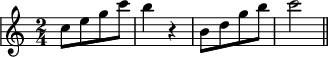 \relative c'' { \override Score.SystemStartBar #'collapse-height = #1 \clef treble \time 2/4 \key c \major c8[ e g c] | b4 r4 | b,8[ d g b] |c2 \bar "||" }