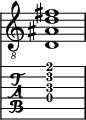  
<<
  %\override Score.BarLine.break-visibility = ##(#f #t #t)
  \time 1/1
    \new Staff  {
    \clef "treble_8"
        \once \override Staff.TimeSignature #'stencil = ##f
        <  d ais d' fis'>1
    }

     \new TabStaff {
       \override Stem #'transparent = ##t
       \override Beam #'transparent = ##t 
      <  d\4 ais\3 d'\2 fis'\1>1
  }
>>
