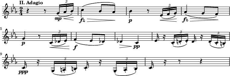 
\relative{
  \set Staff.midiInstrument = "cello"
  \key ees \major
  \time 2/4
  \tempo \markup "II. Adagio"
  r4 r8 \tuplet 3/2 { [g'16\<\mp( aes16 bes16 )] } \! | c4\fz\>( bes8 aes8 )\! | bes4\p r8 \tuplet 3/2 { [ees,16\<( f16 g16 ) ] } \! | aes4\fz( \> g8 f8 ) \! | \break
  g4\p r8 \tuplet 3/2 { [c,16\<( des16 ees16 ) ] } | f4\f( ees8 des8 ) | des4\> c4\pp | ees16 r16 \tuplet 3/2 { [c16-.( d!16-. ees16-.) ] } d16 r16 \tuplet 3/2 { [ d16-.( c16-. b16-.) ] } | \break
  c16\ppp r16 \tuplet 3/2 {g16( a16-. b16-.) } c16-. r16 \tuplet 3/2 {g16-.( a16-. b16-.) } | c16 r16 r8 r4
}
