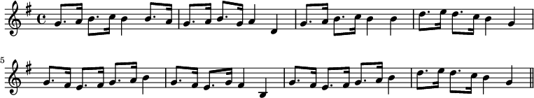 { \time 4/4 \key g \major \relative g' { g8. a16 b8. c16 b4 b8. a16 | g8. a16 b8. g16 a4 d, | g8. a16 b8. c16 b4 b | d8. e16 d8. c16 b4 g | g8. fis16 e8. fis16 g8. a16 b4 | g8. fis16 e8. g16 fis4 b, | g'8. fis16 e8. fis16 g8. a16 b4 | d8. e16 d8. c16 b4 g \bar "||" } }