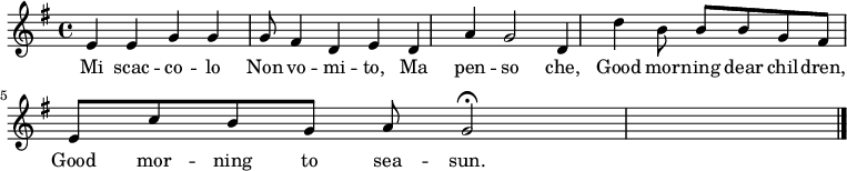 \relative g' { \key e \minor \time 4/4  e e g g g8 fis4 d4 e d a' g2 d4 d' b8 b8 b8 g fis e c' b g a g2 \fermata \bar "|." }
\addlyrics {Mi scac -- co -- lo Non vo -- mi -- to, Ma pen -- so che, Good mor -- ning dear chil -- dren, Good mor -- ning to sea -- sun. Uuh uuh }