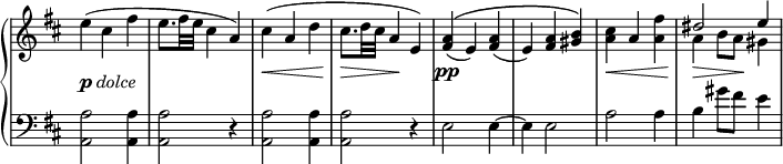 
\relative c'' {
  \new PianoStaff <<
   \new Staff \with { \remove "Time_signature_engraver" } { \key d \major \time 3/4 \set Score.tempoHideNote = ##t \tempo "" 4=85
    e4( cis fis e8. fis32 e cis4 a) cis( a d cis8. d32 cis a4 e)
    <a fis>_( ^\( e) <a fis>_( e) <a fis> <b gis>\)
    <cis a> a <fis' a,> << { dis2 e4 } \\ { a,4 b8 a gis4 } >>
   }
   \new Dynamics {
    s4-\markup { \dynamic p \italic dolce } s2 s2. s\< s4\> s\! s
    s\pp s2 s2. s\< s4\> s8 s\!
   }
   \new Staff \with { \remove "Time_signature_engraver" } { \key d \major \time 3/4 \clef bass
    <a, a,>2 q4 q2 r4 q2 q4 q2 r4 e2 e4~ e e2 a2 a4 b gis'8 fis e4
   }
  >>
 }
