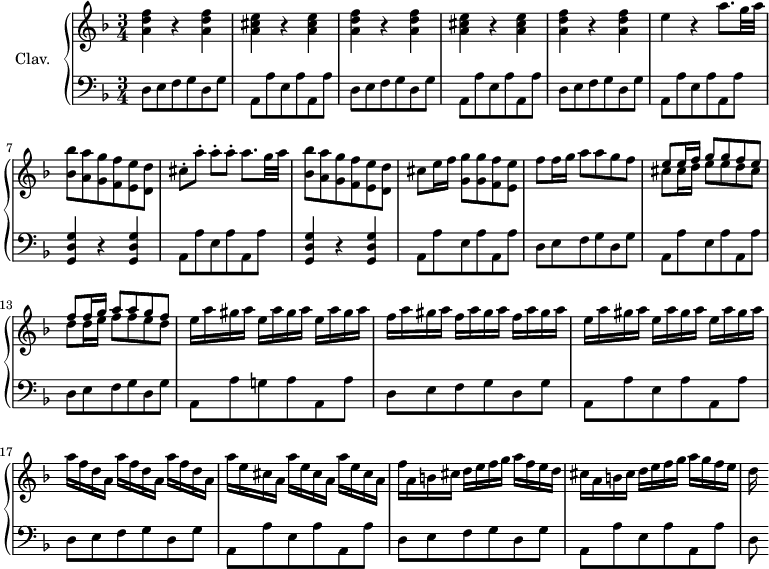 
\version "2.18.2"
\header {
  tagline = ##f
  % composer = "Domenico Scarlatti"
  % opus = "K. deest"
  % meter = ""
}

%% les petites notes
trillAqp       = { \tag #'print { a8. } \tag #'midi { bes32 a bes a~ a16 } }
base           = { d,8 e f g d g | a, a' e a a, a' }

upper = \relative c'' {
  \clef treble 
  \key d \minor
  \time 3/4
  \tempo 4 = 88
  \set Staff.midiInstrument = #"harpsichord"
  \override TupletBracket.bracket-visibility = ##f

      %s8*0^\markup{Allegro}
      \repeat unfold 2 { < a d f >4 r4 q4 | < a cis e >4 r4 q4 } | < a d f >4 r4 q4 | e'4 r4 \trillAqp g32 a | < bes, bes' >8 < a a' > < g g' > < f f'> < e e' > < d d' > |
      % ms. 3
      cis'8-. a'-. a-. a-. \trillAqp g32 a | < bes, bes' >8 < a a' > < g g' > < f f'> < e e' > < d d' > | cis'8 e16 f < g, g' >8 q < f f' > < e e' >
      % ms. 11
      f'8 f16 g a8 a g f | << { e8 e16 f g8 g f e | f f16 g a8 a g f } \\ { cis8 cis16 d e8 e d cis | d d16 e f8 f e d  } >> |
      % ms. 14
      \repeat unfold 3 { e16 a gis a } | \repeat unfold 3 { f16 a gis a }
      % ms. 16
      \repeat unfold 3 { e16 a gis a } | \repeat unfold 3 { a16 f d a } | \repeat unfold 3 { a'16 e cis a } | 
      % ms. 19
      f'16 a, b cis d e f g a f e d | cis a b cis d e f g a g f e | d 

}

lower = \relative c' {
  \clef bass
  \key d \minor
  \time 3/4
  \set Staff.midiInstrument = #"harpsichord"
  \override TupletBracket.bracket-visibility = ##f

    % ************************************** \appoggiatura a16  \repeat unfold 2 {  } \times 2/3 { }   \omit TupletNumber 
      \repeat unfold 3 { \base } |
      % ms. 7
      \repeat unfold 2 { < g, d' g >4 r4 q4 | a8 a' e a a, a' }
      % ms. 11
      \base | d,8 e f g d g | a, a' g! a a, a' |
      % ms. 16
      \base | \base |
      % ms. 19
      \base | d,8

}

thePianoStaff = \new PianoStaff <<
    \set PianoStaff.instrumentName = #"Clav."
    \new Staff = "upper" \upper
    \new Staff = "lower" \lower
  >>

\score {
  \keepWithTag #'print \thePianoStaff
  \layout {
      #(layout-set-staff-size 17)
    \context {
      \Score
     \override SpacingSpanner.common-shortest-duration = #(ly:make-moment 1/2)
      \remove "Metronome_mark_engraver"
    }
  }
}

\score {
  \keepWithTag #'midi \thePianoStaff
  \midi { }
}
