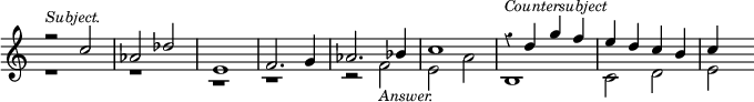 { \override Score.Rest #'style = #'classical \override Score.TimeSignature #'stencil = ##f \time 4/4 \relative c'' << { r2^\markup { \smaller \italic Subject. } c aes des e,1 f2. g4 aes2. bes4 c1 r4^\markup { \smaller \italic Countersubject } d g f e d c b c } \\ { r1 r1 r1 r1 r2 f,_\markup { \smaller \italic Answer. } e a b,1 c2 d e } >> }