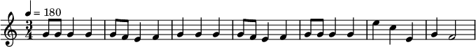 
{
  \tempo 4=180
  \key c \major
  \time 3/4
    g'8 g' g'4 g' g'8 f' e'4 f' g' g' g' g'8 f' e'4 f' g'8 g' g'4 g' e'' c'' e' g' f'2
}
