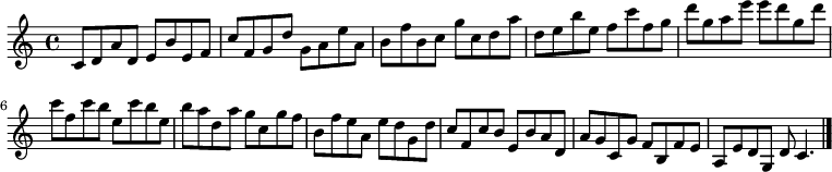 
{

\modalTranspose c c' { c d e f g a b } { c8 d a } 
\modalTranspose c d' { c d e f g a b } { c d a } 
\modalTranspose c e' { c d e f g a b } { c d a } 
\modalTranspose c f' { c d e f g a b } { c d a } 
\modalTranspose c g' { c d e f g a b } { c d a } 
\modalTranspose c a' { c d e f g a b } { c d a } 
\modalTranspose c b' { c d e f g a b } { c d a } 
\modalTranspose c c'' { c d e f g a b } { c d a } 
\modalTranspose c d'' { c d e f g a b } { c d a } 
\modalTranspose c e'' { c d e f g a b } { c d a } 
\modalTranspose c f'' { c d e f g a b } { c d a } 
\modalTranspose c g'' { c d e f g a b } { c d a } 

\modalInversion c e''' { c d e f g a b } { c d a } 
\modalInversion c d''' { c d e f g a b } { c d a } 
\modalInversion c c''' { c d e f g a b } { c d a } 
\modalInversion c c''' { c d e f g a b } { c d a } 
\modalInversion c b'' { c d e f g a b } { c d a } 
\modalInversion c a'' { c d e f g a b } { c d a } 
\modalInversion c g'' { c d e f g a b } { c d a } 
\modalInversion c f'' { c d e f g a b } { c d a } 
\modalInversion c e'' { c d e f g a b } { c d a } 
\modalInversion c d'' { c d e f g a b } { c d a } 
\modalInversion c c'' { c d e f g a b } { c d a } 
\modalInversion c b' { c d e f g a b } { c d a } 
\modalInversion c a' { c d e f g a b } { c d a } 
\modalInversion c g' { c d e f g a b } { c d a } 
\modalInversion c f' { c d e f g a b } { c d a } 
\modalInversion c e' { c d e f g a b } { c d a } 

d' c'4.

\bar "|."
}
