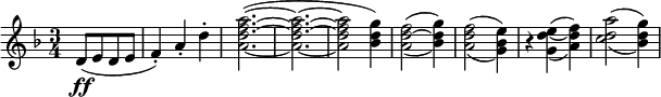 \relative c' {
\time 3/4
\key d \minor
\partial 2
d8(\ff e d e | f4-.) a-. d-. | <a d f a>2.~( | <a d f a>~ | <a d f a>2 <bes d g>4) | 
\set doubleSlurs = ##t
<a d~ f>2( <bes d g>4) | <a d f>2( <g bes e>4) | r <g d'_~ e>( <a d f>) | <c d a'>2( <bes d g>4)
}