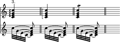 { \override Score.TimeSignature #'stencil = ##f \time 1/4 \set Timing.defaultBarType = "||" << \relative c' { \arpeggioArrowDown <c e g c>4\arpeggio^"3." | \arpeggioBracket <c e g c>\arpeggio | \stemUp <c e g c>:8 | s8 }
\new Staff { \relative c'' { \set tieWaitForNote = ##t \stemDown c32[ ~ g ~ e ~ c] ~ \stemUp <c' g e c>8 | \stemDown c32[ ~ g ~ e ~ c] ~ \stemUp <c' g e c>8 | \stemDown c32[ ~ g ~ e ~ c] ~ \stemUp <c' g e c>8 | s8 } } >> }