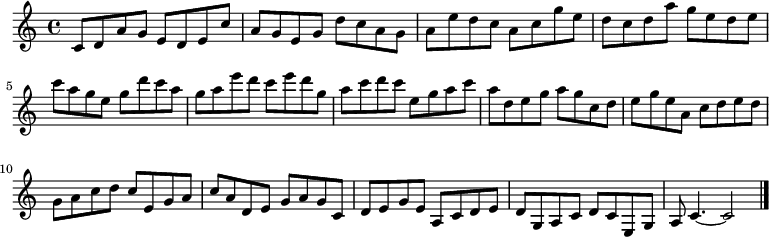 
{

\modalTranspose c c' { c d e g a } { c8 d a g e } 
\modalTranspose c d' { c d e g a } { c d a g e } 
\modalTranspose c e' { c d e g a } { c d a g e } 
\modalTranspose c g' { c d e g a } { c d a g e } 
\modalTranspose c a' { c d e g a } { c d a g e } 
\modalTranspose c c'' { c d e g a } { c d a g e } 
\modalTranspose c d'' { c d e g a } { c d a g e } 
\modalTranspose c e'' { c d e g a } { c d a g e } 
\modalTranspose c g'' { c d e g a } { c d a g e } 

\modalInversion c e''' { c d e g a } { c d a g e } 
\modalInversion c d''' { c d e g a } { c d a g e } 
\modalInversion c c''' { c d e g a } { c d a g e } 
\modalInversion c a'' { c d e g a } { c d a g e } 
\modalInversion c g'' { c d e g a } { c d a g e } 
\modalInversion c e'' { c d e g a } { c d a g e } 
\modalInversion c d'' { c d e g a } { c d a g e } 
\modalInversion c c'' { c d e g a } { c d a g e } 
\modalInversion c a' { c d e g a } { c d a g e } 
\modalInversion c g' { c d e g a } { c d a g e } 
\modalInversion c e' { c d e g a } { c d a g e } 
\modalInversion c d' { c d e g a } { c d a g e } 

c'4.~ c'2

\bar "|."
}
