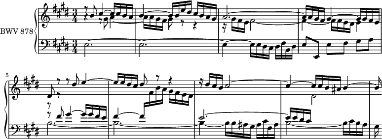 
\version "2.18.2"
\header {
  tagline = ##f
}

upper = \relative c'' {
  \clef treble 
  \key e \major
  \time 3/4
  \tempo 4 = 60
  \set Staff.midiInstrument = #"harpsichord" 

   %% PRÉLUDE CBT II-9, BWV 878, mi majeur
   << { r8 b8 cis4~ cis16 cis b a | b4~ b16 b e dis cis b a gis a2.~ a16 a gis fis gis4~ gis16 gis fis e dis8 r8 r8 dis'8 e4~ e16 e dis cis dis8 r8 r4 r16 dis16 cis b cis2~ cis4~ cis16 cis b ais b4~ b16 } \\ { a4\rest f8\rest \stemDown gis8 a4_~ a16 a gis fis gis8 r8 r4 r16 gis fis e fis2~ fis4~ fis16 fis e dis e4 r8 r8 } >>
   
}

lower = \relative c {
  \clef bass 
  \key e \major
  \time 3/4
  \set Staff.midiInstrument = #"harpsichord" 
  
    e2.~ e~ e4~ e16 e dis cis dis fis b, dis | e8 e, e'[ fis] gis a |
    << { r8 fis'8 gis4~ gis16 gis fis e fis4~ fis16 \stemDown \change Staff = "upper" fis16 b a gis fis e dis \change Staff = "lower" \stemUp e2.~ e16 e dis cis \stemDown \change Staff = "upper" dis2 \change Staff = "lower" } \\ { b2.~ b~ b4~ b16 b ais gis ais cis fis, ais b2~ b16 cis b a gis16 } >>
} 

\score {
  \new PianoStaff <<
    \set PianoStaff.instrumentName = #"BWV 878"
    \new Staff = "upper" \upper
    \new Staff = "lower" \lower
  >>
  \layout {
    \context {
      \Score
      \remove "Metronome_mark_engraver"
      \override SpacingSpanner.common-shortest-duration = #(ly:make-moment 1/2)
    }
  }
  \midi { }
}
