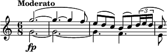  \relative c''' { \clef treble \time 6/8 \tempo "Moderato" << { g2.~( | g4.~ g4 f8) | e( d c) b( c) \times 2/3 { d16( e d } | c8) } \\ { g2.~\fp | g~ | g4. f( | e8 } >> } 