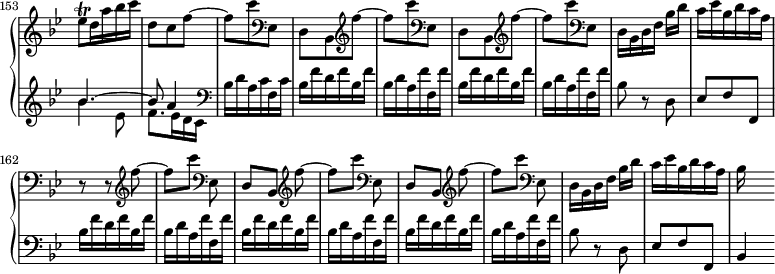 
\version "2.18.2"
\header {
  tagline = ##f
  % composer = "Domenico Scarlatti"
  % opus = "K. 57"
  % meter = "Allegro"
}

%% les petites notes
trillEesq     = { \tag #'print { ees8\trill } \tag #'midi { f32 ees f ees } }

upper = \relative c'' {
  \clef treble 
  \key bes \major
  \time 3/8
  \tempo 4. = 78
  \set Staff.midiInstrument = #"harpsichord"
  \override TupletBracket.bracket-visibility = ##f
  \set Score.currentBarNumber = #153
  \omit Staff.TimeSignature 
    \bar ""

      \trillEesq d16 a' bes c | d,8 c \repeat unfold 2 { f~ |
      % ms. 155
      f8 c'    \clef bass  ees,,, | d bes   \clef treble  } f'''~ | f c' \clef bass  ees,,, | d16 bes d f bes[ d] | c ees bes d c a |
      % ms. 162
      r8 r8 \clef treble \repeat unfold 2 { f''~ | f8[ c']    \clef bass  ees,,, | d[ bes]   \clef treble  } f'''~ | f[ c'] \clef bass  ees,,, | d16 bes d f bes[ d] |
      % ms. 169
      c ees bes d c a | bes
      % ms. x
      

}

lower = \relative c' {
  \clef bass
  \key bes \major
  \time 3/8
  \set Staff.midiInstrument = #"harpsichord"
  \override TupletBracket.bracket-visibility = ##f
  \omit Staff.TimeSignature 

    % ************************************** \appoggiatura a16  \repeat unfold 2 {  } \times 2/3 { }   \omit TupletNumber 
      \clef treble  << { \mergeDifferentlyDottedOn bes'4.~ | bes8 a4 | } \\ { bes4 ees,8 | f8. ees16 d c } >>   \clef bass
      % ms. 155
      bes16 d a c f, c' | \repeat unfold 2 { bes f' d f bes, f' | bes, d a f' f, f' } | bes,8 r8 d,8 | ees f f, |
      % ms. 162
      \repeat unfold 3 { bes'16 f' d f bes, f' | bes, d a f' f, f' } bes,8 r8 d,8 |
      % ms. 169
      ees8 f f, | bes4
      % ms. x
      

}

thePianoStaff = \new PianoStaff <<
    \set PianoStaff.instrumentName = #""
    \new Staff = "upper" \upper
    \new Staff = "lower" \lower
  >>

\score {
  \keepWithTag #'print \thePianoStaff
  \layout {
    indent = #0
      #(layout-set-staff-size 17)
    \context {
      \Score
     \override SpacingSpanner.common-shortest-duration = #(ly:make-moment 1/2)
      \remove "Metronome_mark_engraver"
    }
  }
}

\score {
  \keepWithTag #'midi \thePianoStaff
  \midi { }
}
