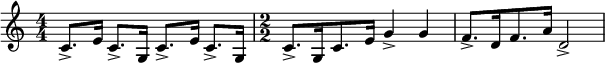 
\relative c' {
  \key c \major
  \time 4/4
  \numericTimeSignature
  c8.-> e16 c8.-> g16 c8.-> e16 c8.-> g16
  \time 2/2
  c8.-> g16 c8. e16 g4-> g | f8.-> d16 f8. a16 d,2->
}
