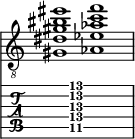  
<<
  %\override Score.BarLine.break-visibility = ##(#f #t #t)
  \time 2/1
    \new Staff  {
    \clef "treble_8"
        \once \override Staff.TimeSignature #'stencil = ##f
        < gis dis' gis' bis' eis''>1 | < aes ees' aes' c'' f''>1 |
    }

     \new TabStaff {
       \override Stem #'transparent = ##t
       \override Beam #'transparent = ##t 
      s2 < gis\5 dis'\4 gis'\3 c''\2 f''\1>1 s2
  }
>>
