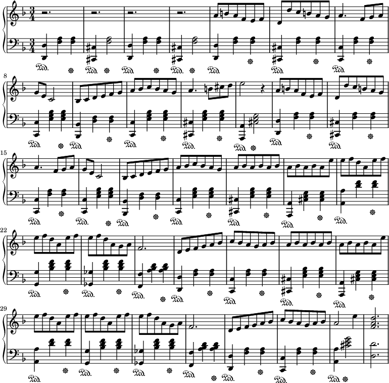 {\new PianoStaff <<
\new Staff { \time 3/4 \key d \minor r2. r2. r2. r2. a'8 b' a' f' e' f' d'8 d'' c'' b' a' g' a'4. f'8 g' a' g'8 e' c'2 bes8 c' d' e' f' g' a'8 bes' c'' bes' a' g' a'4. b'8 cis'' d'' e''2 r4 a'8 b' a' f' e' f' d'8 d'' c'' b' a' g' a'4. f'8 g' a' g'8 e' c'2 bes8 c' d' e' f' g' a'8 bes' c'' bes' a' g' a'8 bes' a' bes' a' bes' a'8 bes' a' bes' a' e'' e''8 f'' d'' a' e'' f'' e'' f'' d'' a' e''8 f'' e'' f'' d'' a' g' a' f'2. d'8 e' f' g' a' bes' c''8 bes' a' g' a' bes' a'8 bes' a' bes' a'8 bes' a' bes' a' bes' a' e'' e''8 f'' d'' a' e'' f'' e'' f'' d'' a' e''8 f'' e'' f'' d'' a' g' a' f'2. d'8 e' f' g' a' bes' c''8 bes' a' g' a' bes' a'2 e''4 <f' a' d''>2.
}

\new Staff { \time 3/4 \key d \minor \clef "bass" <d, d>4 \sustainOn <f a> <f a> \sustainOff <cis, cis>4 \sustainOn <f a>2 \sustainOff <d, d>4 \sustainOn <f a> <f a> \sustainOff <cis, cis>4 \sustainOn <f a>2 \sustainOff <d, d>4\sustainOn <f a> <f a> \sustainOff <cis, cis>4\sustainOn <f a> <f a> \sustainOff \sustainOff <c, c>4\sustainOn <f a> <f a> \sustainOff <c, c>4\sustainOn <e g bes> <e g bes> \sustainOff <bes,, bes,>4\sustainOn <d f> <d f> \sustainOff <c, c>4\sustainOn <e g bes> <e g bes> \sustainOff <cis, cis>4\sustainOn <e g bes> <e g bes> \sustainOff <a,, a,>4\sustainOn <cis e g>2 \sustainOff <d, d>4\sustainOn <f a> <f a> \sustainOff <cis, cis>4\sustainOn <f a> <f a> \sustainOff \sustainOff <c, c>4\sustainOn <f a> <f a> \sustainOff <c, c>4\sustainOn <e g bes> <e g bes> \sustainOff <bes,, bes,>4\sustainOn <d f> <d f> \sustainOff <c, c>4\sustainOn <e g bes> <e g bes> \sustainOff <cis, cis>4\sustainOn <e g bes> <e g bes> \sustainOff <a,, a,>4\sustainOn <cis e g> <cis e g> \sustainOff <a, a>4\sustainOn <d' f'> <d' f'> \sustainOff <g, g>4\sustainOn <bes d' f'> <bes d' f'> \sustainOff <ges, ges>4\sustainOn <bes d' f'> <bes d' f'> \sustainOff <f, f>4 \sustainOn <a bes d'> <a bes d'> \sustainOff <d, d>4 \sustainOn <f a> <f a> \sustainOff <c, c>4 \sustainOn <f a> <f a> \sustainOff <cis, cis>4 \sustainOn <e g bes> <e g bes> \sustainOff <a,, a,>4\sustainOn <cis e g> <cis e g> \sustainOff <a, a>4\sustainOn <d' f'> <d' f'> \sustainOff <g, g>4\sustainOn <bes d' f'> <bes d' f'> \sustainOff <ges, ges>4\sustainOn <bes d' f'> <bes d' f'> \sustainOff <f, f>4 \sustainOn <a bes d'> <a bes d'> \sustainOff <d, d>4 \sustainOn <f a> <f a> \sustainOff <c, c>4 \sustainOn <f a> <f a> \sustainOff <a, a>4\sustainOn <cis' e' g'>2 \sustainOff <d d'>2.
}
>> }