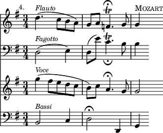 {  \override Score.Rest #'style = #'classical
   \key g \major \time 3/4 \mark \markup \small "4."
  << \clef treble
     { d''4.(^\markup { \small \italic "Flauto" } c''8 b' a') | g' a' f'4.\fermata-\trill g'8 | g'4^\markup { \smallCaps "Mozart" } }
   \new Staff 
      { \clef bass \key g \major { d2(^\markup { \small \italic "Fagotto" } e4) | d8( e') c'4._\fermata-\trill b8 | b4 } }
  \new Staff 
      { \new Voice = "voce" \clef treble \key g \major
         { g''4(^\markup { \small \italic "Voce" } fis''8 e'' d'' c'' | b') c'' a'4.\fermata g'8 | g'2 } } 
  \new Lyrics \lyricsto "voce" { raise __ _ _ and quail }
  \new Staff 
      { \clef bass \key g \major { b,2^\markup { \small \italic "Bassi" } c4 | d2\fermata d,4 | g,4 } }
  >> 
}