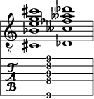  
<<
  %\override Score.BarLine.break-visibility = ##(#f #t #t)
  \time 2/1
    \new Staff  {
    \clef "treble_8"
        \once \override Staff.TimeSignature #'stencil = ##f
        <cis  bes e' g' cis''>1 | <des  ceses' fes' aeses' des''>1 |
    }

     \new TabStaff {
       \override Stem #'transparent = ##t
       \override Beam #'transparent = ##t 
      s2 <cis\6  ais\4 e'\3 g'\2 cis''\1>1 s2
  }
>>
