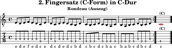 
\version "2.20.0"
\header {
  title="2. Fingersatz (C-Form) in C-Dur"
  subtitle="Rondeau (Auszug)"
}

%% Diskant- bzw. Melodiesaiten
Diskant = \relative c {
  % \set TabStaff.minimumFret = #5
  % \set TabStaff.restrainOpenStrings = ##t
  \key c \major
  \repeat volta 2 {
    e8 d e f e d c e
    d c d e d c b d
    c b c d c b a c
    b a b c d b c d
  }
  \once \override NoteHead #'color = #red c1^\markup { \bold {(C)} }
  \bar "|."
 }

%% Layout- bzw. Bildausgabe
\score {
  <<
    \new Voice  { 
      \clef "treble_8" 
      \time 4/4  
      \tempo 4 = 120 
      \set Score.tempoHideNote = ##t
      \Diskant \addlyrics {
        e8 d e f e d c e
        d c d e d c b d
        c b c d c b a c
        b a b c d b c d
       c
      }
    }
    \new TabStaff { \tabFullNotation \Diskant }
  >>
  \layout {}
}

%% Midiausgabe mit Wiederholungen, ohne Akkorde
\score {
  <<
    \unfoldRepeats {
      \new Staff  <<
        \tempo 4 = 120
        \time 4/4
        \set Staff.midiInstrument = #"acoustic guitar (nylon)"
        \clef "G_8"
        \Diskant
      >>
    }
  >>
  \midi {}
}
%% unterdrückt im raw="!"-Modus das DinA4-Format.
\paper {
  indent=0\mm
  %% DinA4 = 210mm - 10mm Rand - 20mm Lochrand = 180mm
  line-width=180\mm
  oddFooterMarkup=##f
  oddHeaderMarkup=##f
  % bookTitleMarkup=##f
  scoreTitleMarkup=##f
}
