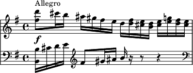 
{
  \language "italiano"

  \new StaffGroup <<
    \omit StaffGroup.SystemStartBracket
    \new Staff {
      \tempo "" 4 = 110
      \set Score.tempoHideNote = ##t
      \relative do'' {
        \clef "treble" 
        \key sol \major 
        \time 4/4 
        <fad re'>8^"Allegro"_\f dod'16 si lad sold fad mi re <re fad> <dod mi> <si re> <dod mi> <mi sol!> <re fad> <dod mi> |
      }
    } 
    \new Staff {
      \relative do {
        \clef "bass" 
        \key sol \major 
        \time 4/4 
        <si si'>16 dod' re mi
        \clef "treble"
        fad8 sold16 lad \stemUp si r16 r8 r4
        \clef "bass" |
      }
    }
  >>
}
