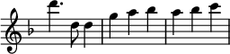 \relative d''' { \time 3/4 \key d \minor \override Score.TimeSignature #'stencil = ##f
  d4. d,8 d4 | g a bes | a bes c } 