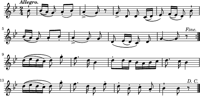 
\version "2.16.2"
\header {
  tagline = ##f
}
\score {
  <<
    \new Voice {
      \autoBeamOff
      \relative c'' {
        \clef treble
        \key bes \major
        \time 2/4
        \tempo \markup { \italic { Allegro. } }
        \partial 8*1
\repeat volta 2 { bes8-! | bes16 \( ([a]) g8 \) a-. ([bes-.]) | a4-> (g8) r | g-> d d c16 \( ([d]) | ees8 \) f16 \( [(ees)] d8 \) bes'-! | \break
bes16 \( ([a]) g8 \) a-. [bes-.] | a4-> (g8) g | d \( ees16 ([d]) c8 \) d | g4 ~ g8 r^\markup { \italic {Fine.}} }  \break
d'16 \( ([ees d c]) d8 \) g-. | f8. d16 bes4 | d8-. [d16 c] bes16 [a bes c] | d8. c16 bes4 | \break
d16 \( ([ees d c]) d8 \) g-. | f8. d16 bes8 f'-. | d-. bes-. c-. a-. | bes4-! bes8 r^\markup { \italic {D. C.}} \bar "|." 
      }
    }
  >>
  \layout { 
    indent = #00
    line-width = #160
   %ragged-last = ##t
  }
  \midi {
    \context {
      \Score
      tempoWholesPerMinute = #(ly:make-moment 144 4)
    }
  }
}
