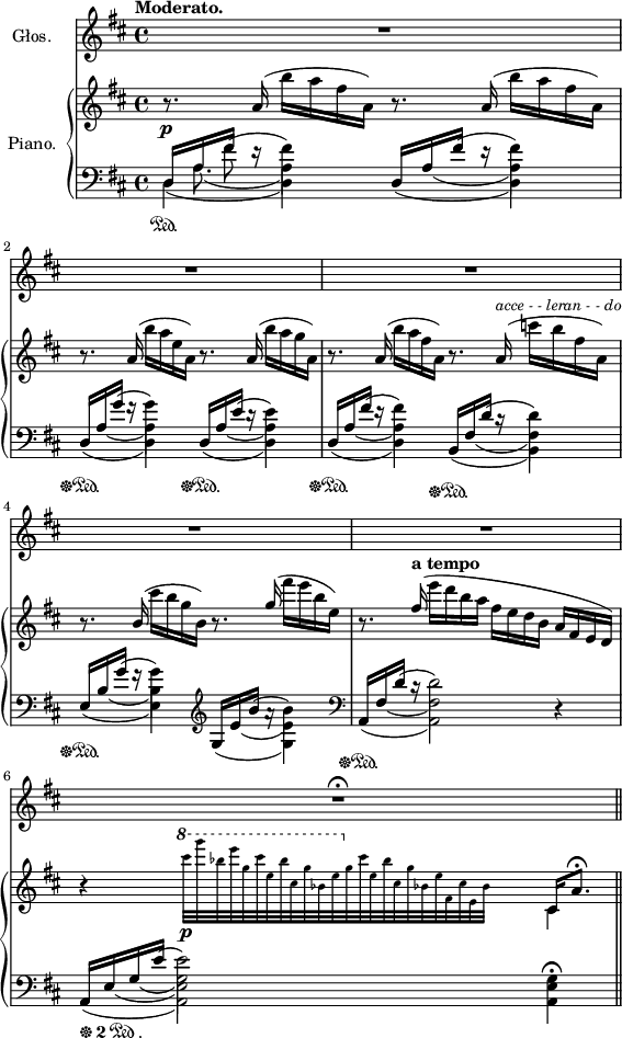 
sVarC = { \mergeDifferentlyDottedOn 
<< { \voiceOne d16\sustainOn[a'16 fis'16] e16\rest s4 } \new Voice { \voiceTwo d,4(d) } \new Voice { \voiceTwo s16 a'8.( a4) } \new Voice { \voiceTwo s8 \slurUp fis'( fis4) } >> 
<< { \voiceOne d,16[a' fis'] e16\rest s4 } \new Voice { \voiceTwo \once \hide Stem d,4(d) } \new Voice { \voiceTwo s16 \once \hide Stem a'8(s16 a4) } \new Voice { \voiceTwo s8 \slurUp \once \hide Stem fis'(fis4) } >> | 
<< { \voiceOne d,16\sustainOff\sustainOn[a' g'] f16\rest s4 } \new Voice { \voiceTwo \once \hide Stem d,4(d) } \new Voice { \voiceTwo s16 \once \hide Stem a'8(s16 a4) } \new Voice { \voiceTwo s8 \slurUp \once \hide Stem g'(g4) } >> 
<< { \voiceOne d,16\sustainOff\sustainOn[a' e'] d16\rest s4 } \new Voice { \voiceTwo \once \hide Stem d,4(d) } \new Voice { \voiceTwo s16 \once \hide Stem a'8(s16 a4) } \new Voice { \voiceTwo s8 \slurUp \once \hide Stem e'(e4) } >> |
<< { \voiceOne d,16\sustainOff\sustainOn[a' fis'] e16\rest s4 } \new Voice { \voiceTwo \once \hide Stem d,4(d) } \new Voice { \voiceTwo s16 \once \hide Stem a'8(s16 a4) } \new Voice { \voiceTwo s8 \slurUp \once \hide Stem fis'(fis4) } >> 
<< { \voiceOne b,,16\sustainOff\sustainOn[fis' d'] c16\rest s4 } \new Voice { \voiceTwo \once \hide Stem b,4(b) } \new Voice { \voiceTwo s16 \once \hide Stem fis'8(s16 fis4) } \new Voice { \voiceTwo s8 \slurUp \once \hide Stem d'(d4) } >> | 
<< { \voiceOne e,16\sustainOff\sustainOn[b' g'] f16\rest s4 } \new Voice { \voiceTwo \once \hide Stem e,4(e) } \new Voice { \voiceTwo s16 \once \hide Stem b'8(s16 b4) } \new Voice { \voiceTwo s8 \slurUp \once \hide Stem g'(g4) } >> \clef "violin" 
<< { \voiceOne g,16[e' b'] a16\rest s4 } \new Voice { \voiceTwo \once \hide Stem g,4(g) } \new Voice { \voiceTwo s16 \once \hide Stem e'8(s16 e4) } \new Voice { \voiceTwo s8 \slurUp \once \hide Stem b'(b4) } >> \clef "bass" | 
<< { \voiceOne a,,16\sustainOff\sustainOn[fis' d'] c16\rest s2 } \new Voice { \voiceTwo \once \hide Stem a,4(a2) } \new Voice { \voiceTwo s16 \once \hide Stem fis'8(s16 fis2) } \new Voice { \voiceTwo s8 \slurUp \once \hide Stem d'(d2) } >> \oneVoice r4 | 
<< { \voiceOne a,16_\markup { \musicglyph #"pedal.*" \tiny \number 2 \normalsize \musicglyph #"pedal.Ped"\musicglyph #"pedal.." } [e' g e'] s2 } \new Voice { \voiceTwo \once \hide Stem a,,4(a2) } \new Voice { \voiceTwo s16 \once \hide Stem e'8(s16 e2) } \new Voice { \voiceTwo s8 \once \hide Stem g8(g2) } \new Voice { \voiceTwo s8. \slurUp \once \hide Stem e'16(e2) } >> \oneVoice <a,, e' g>4\fermata | }

sVarA = {  }

sVarAk = {  }

lVarC = \lyricmode {  }

sVarB = { r8.\p a16( b'[a fis a,]) r8. a16( b'[a fis a,]) | r8. a16( b'[a e a,]) r8. a16( b'[a g a,]) | r8. a16( b'[a fis a,]) r8. a16(^\markup { \small \italic "acce - - leran - - do" } c'[b fis a,]) | r8. \stemUp b16( \stemDown cis'[b g b,]) r8. \stemUp g'16( \stemDown fis'[e b e,]) | r8. \stemUp fis16(^\markup { \bold "a tempo" } \stemNeutral e'[d b a] fis[e d b]  a[fis e d]) | r4 s16 \grace { \stemDown \ottava #1 \set Staff.ottavation = #"8" cis'''32\p[g'bes,e g,cis e,bes'cis,g'bes,e \ottava #0 g, cis e,bes'cis,g'bes,e fis,cis'e,bes'] } \stemNeutral s4.. << { \voiceOne cis,16[a'8.\fermata] } \new Voice { \voiceTwo cis,4 } >> \oneVoice \bar "||" }

lVarB = \lyricmode {  }

sVarAp = { R1*5 | R1\fermata \bar "||" }

lVarA = \lyricmode {  }

lVarD = \lyricmode {  }

\paper { #(set-paper-size "a4")
 oddHeaderMarkup = "" evenHeaderMarkup = "" }
\header { tagline = ##f }
\version "2.18.2"
\score {
\midi {  }
\layout { line-width = #140
\context { \PianoStaff \consists #Span_stem_engraver }}
<<
\new Staff \with { instrumentName = #"Głos." } { \clef "violin" \key d \major \time 4/4 \autoBeamOff \tempo \markup { \bold "Moderato." } \relative f' { \sVarAp \repeat volta 4 { \sVarA } \sVarAk } }
\addlyrics { \lVarA }
\addlyrics { \lVarB }
\addlyrics { \lVarC }
\addlyrics { \lVarD }
\new PianoStaff \with { instrumentName = #"Piano." } <<
  \new Staff = "up" { \clef "violin" \key d \major \time 4/4 \relative a' { \sVarB } }
  \new Staff = "down" { \clef "bass" \key d \major \time 4/4 \relative d { \sVarC } }
  >>
>> }