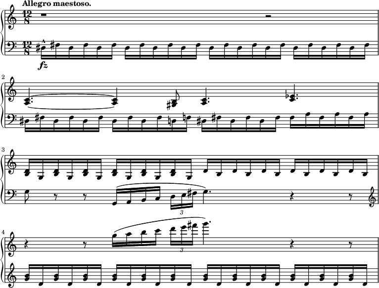 
 \relative c' {
  \new PianoStaff <<
   \new Staff { \key a \minor \time 12/8 
    \tempo \markup {
     \column {
      \line { Allegro maestoso. }
 }
   }
      r1 r2 <a c>4.~ <a c>4 <gis b>8 <a c>4. <c ees>4. <b d>16[ g <b d> g <b d> g] <b d>16[ g <b d> g <b d> g] d'16[ b d b d b] d16[ b d b d b] r4 r8 g''16([ a b c] \tuplet 3/2 {d16 e fis} g4.)r4 r8
   }
   \new Staff { \key a \minor \time 12/8 \clef bass
      dis,,,16-^\fz[ fis dis fis dis fis] dis16[ fis dis fis dis fis] dis16[ fis dis fis dis fis] dis16[ fis dis fis dis fis] dis16[ fis dis fis dis fis] dis16[ fis dis fis d f] dis16[ fis dis fis dis fis] fis16[a fis a fis a] g8 r r g,16([ a b c] \tuplet 3/2 {d16 e fis} g4.) r4 r8 \clef treble <g' b>16[ d <g b> d <g b> d] <g b>16[ d <g b> d <g b> d] <g b>16[ d <g b> d <g b> d] <g b>16[ d <g b> d <g b> d]
   }
  >>
 }
