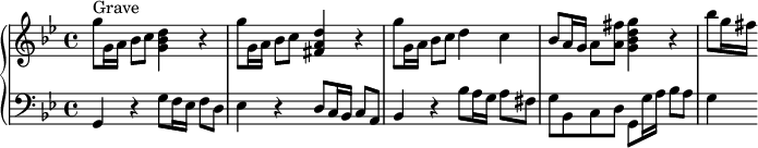 
\version "2.18.2"
\header {
  tagline = ##f
  % composer = "Domenico Scarlatti"
  % opus = "K. 88"
  % meter = "Grave"
}

%% les petites notes
%trillBesp     = { \tag #'print { bes4.\prall } \tag #'midi { c32 bes c bes~ bes4 } }

upper = \relative c'' {
  \clef treble 
  \key g \minor
  \time 4/4
  \tempo 4 = 52

      s8*0^\markup{Grave}
      g'8 g,16 a bes8 c < g bes d >4 r4 | g'8 g,16 a bes8 c < fis, a d >4 r4 | g'8 g,16 a bes8 c d4 c |
      % ms. 4
      bes8 a16 g a8 < a fis' > < g bes d g >4 r4 | bes'8 g16 fis
      % ms. 7
      

}

lower = \relative c' {
  \clef bass
  \key g \minor
  \time 4/4

    % ************************************** \appoggiatura a16  \repeat unfold 2 {  } \times 2/3 { }   \omit TupletNumber 
      g,4 r4 g'8 f16 ees f8 d | ees4 r4 d8 c16 bes c8 a | bes4 r4 bes'8 a16 g a8 fis |
      % ms. 4
      g8 bes, c d g, g'16 a bes8 a | g4
      % ms. 7
      

}

thePianoStaff = \new PianoStaff <<
    \set PianoStaff.instrumentName = #""
    \new Staff = "upper" \upper
    \new Staff = "lower" \lower
  >>

\score {
  \keepWithTag #'print \thePianoStaff
  \layout {
      #(layout-set-staff-size 17)
    \context {
      \Score
     \override TupletBracket.bracket-visibility = ##f
     \override SpacingSpanner.common-shortest-duration = #(ly:make-moment 1/2)
      \remove "Metronome_mark_engraver"
    }
  }
}

\score {
  \keepWithTag #'midi \thePianoStaff
  \midi { \set Staff.midiInstrument = #"harpsichord" }
}
