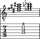  
<<
  %\override Score.BarLine.break-visibility = ##(#f #t #t)
  \time 2/1
    \new Staff  {
    \clef "treble_8"
        \once \override Staff.TimeSignature #'stencil = ##f
        <  dis' fisis' ais' cis''>1 | <  ees' g' bes' des''>1 |
    }

     \new TabStaff {
       \override Stem #'transparent = ##t
       \override Beam #'transparent = ##t 
      s2 <  dis'\4 g'\3 ais'\2 cis''\1>1 s2
  }
>>
