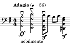  
  \relative c' { \set Staff.midiInstrument = #"cello" \clef bass \numericTimeSignature \time 4/4 \key e \minor \tempo "Adagio" 4 = 56 <b e, g,>2\downbow\ff-^_"nobilmente" <e g, b, e,>\downbow-^ | \stemDown <d e, g, c,>8\downbow\sf[ c] b[ c] <a fis b, dis,>4\sf } 
