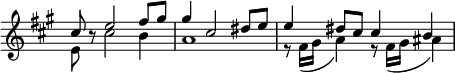 
 \relative c'
  \new Staff \with { \remove "Time_signature_engraver" } {
   \key fis \minor \time 4/4
    << 
     {
      \voiceOne
       cis'8 b8\rest e2 fis8 gis gis4 cis,2 dis8 e e4 dis8 cis cis4 b4
     }
      \new Voice 
      {
       \voiceTwo
        e,8 s8 cis'2 b4 a1 r8 fis16( gis a4) r8 fis16( gis ais4)
      }
    >>
 }
