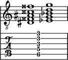  
<<
  %\override Score.BarLine.break-visibility = ##(#f #t #t)
  \time 2/1
    \new Staff  {
    \clef "treble_8"
        \once \override Staff.TimeSignature #'stencil = ##f
        < dis fisis ais cisis' fisis'>1 | < ees g bes d' g'>1 |
    }

     \new TabStaff {
       \override Stem #'transparent = ##t
       \override Beam #'transparent = ##t 
      s2 < dis\5 g\4 ais\3 d'\2 g'\1>1 s2
  }
>>
