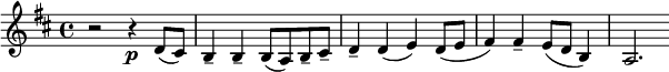  \relative c' {\key b \minor r2 r4\p d8( cis) b4_- b_- b8( a) b_- cis_- d4_- d( e) d8( e fis4) fis_- e8( d b4) a2.} 